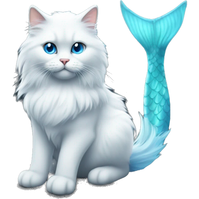 White fluffy cat with blue eyes and grey colour sitting on a rock amongst the ocean with a blue mermaid tail emoji
