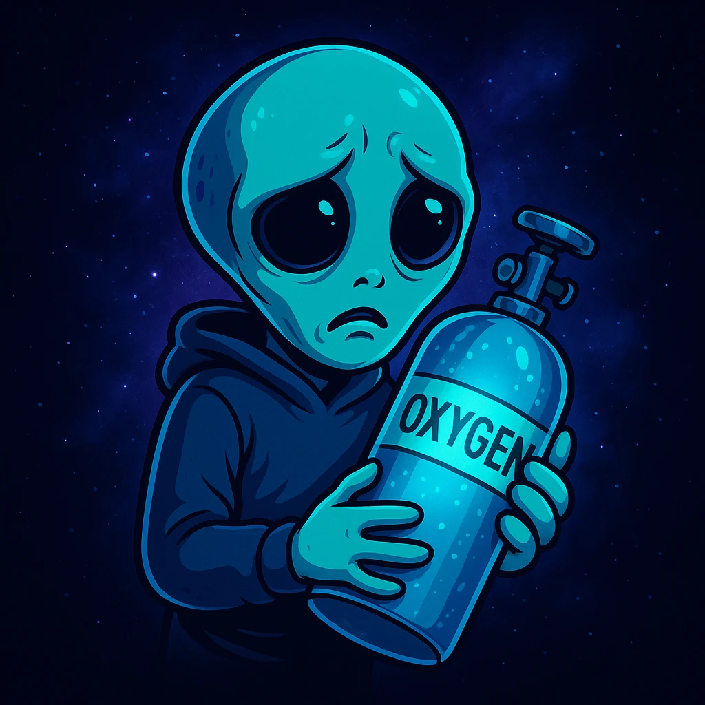 Create a cartoon style image of an alien holding a glowing oxygen tank with a worried face. Use the color palette and vibe inspired by the reference image provided. emoji