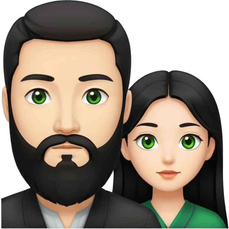 Asian woman with black long hair and European guy with black beard and green eyes  emoji