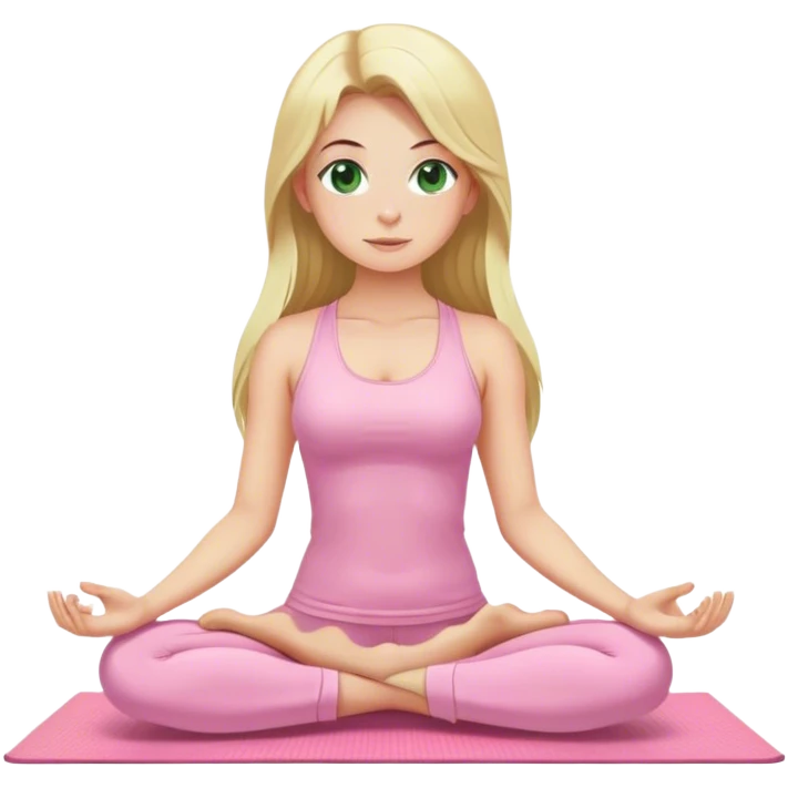 blonde long hair and green eyes yoga girl in light pink clothes sitting on a yoga mat emoji