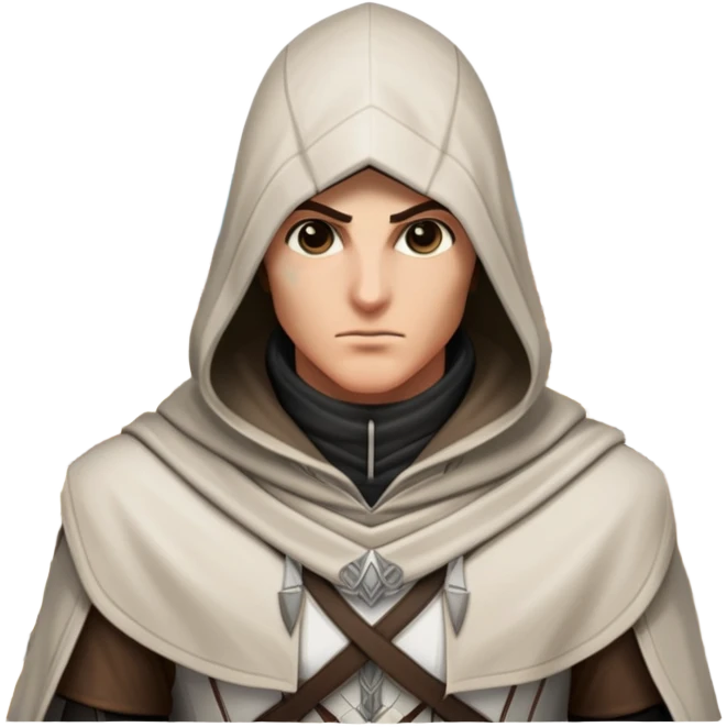 icon featuring Assasin's Creed in an iconic assassin's hood, standing tall against the backdrop of Florence. The design captures the essence of adventure, with intricate details of historical architecture and a sense of mystery. The character is poised, ready for action. transparent background. emoji