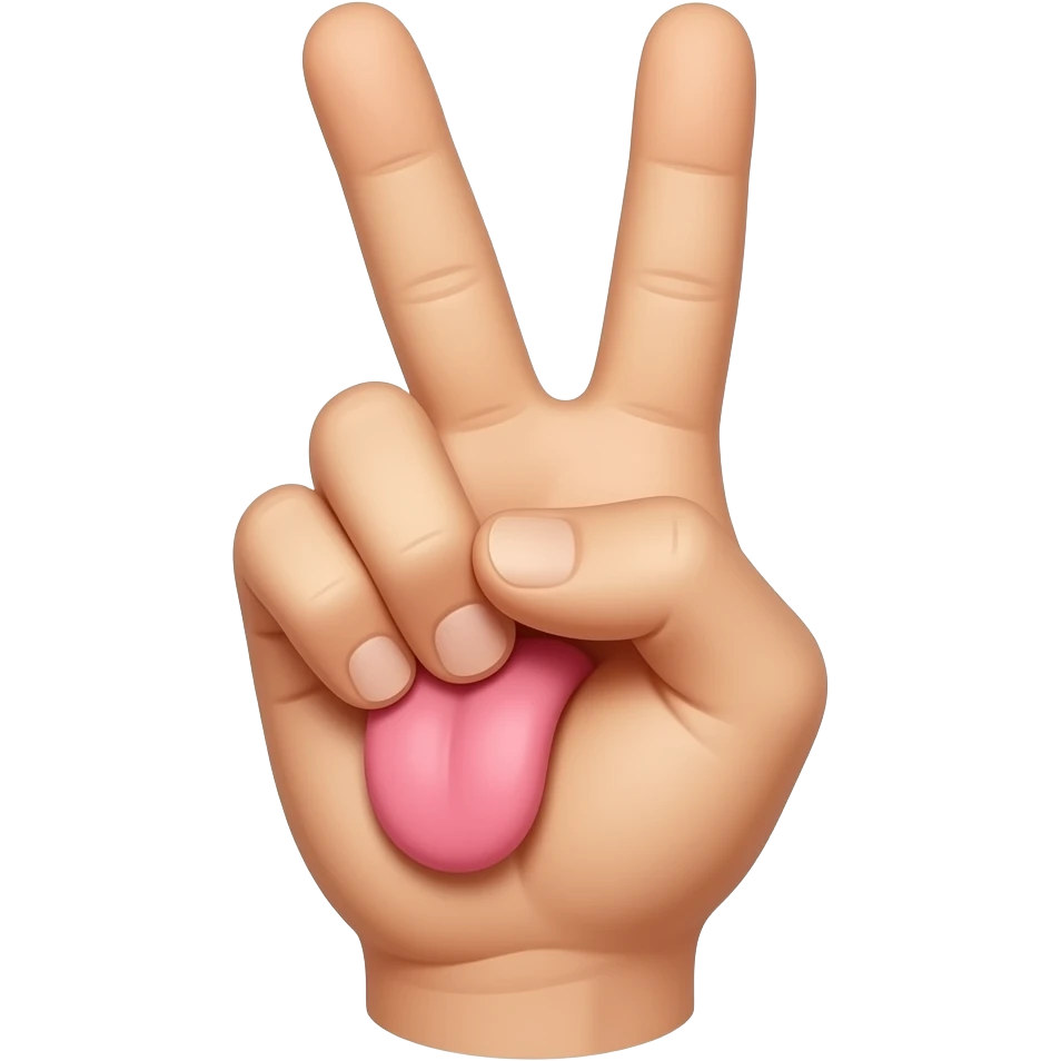 Make a apple emoji style but I want to to be a peace sign with sticking tounge out in the middle of the 2 fingers emoji