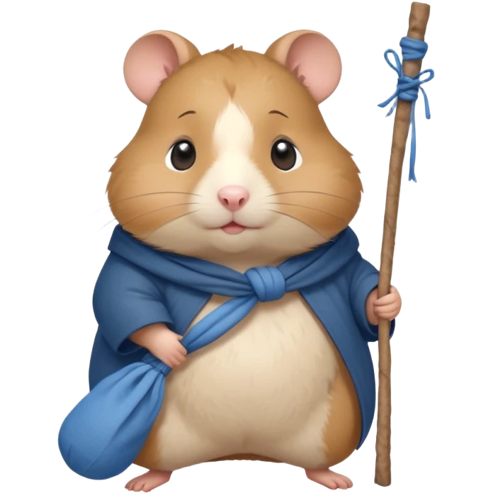 Cute fat cartoon-style hamster, standing upright like a traveler, carrying a stick with a tied blue cloth bundle (bindle) over its shoulder. Painted in a soft, hand-drawn style with light shading, expressive big eyes, and a slightly whimsical, melancholy expression. emoji