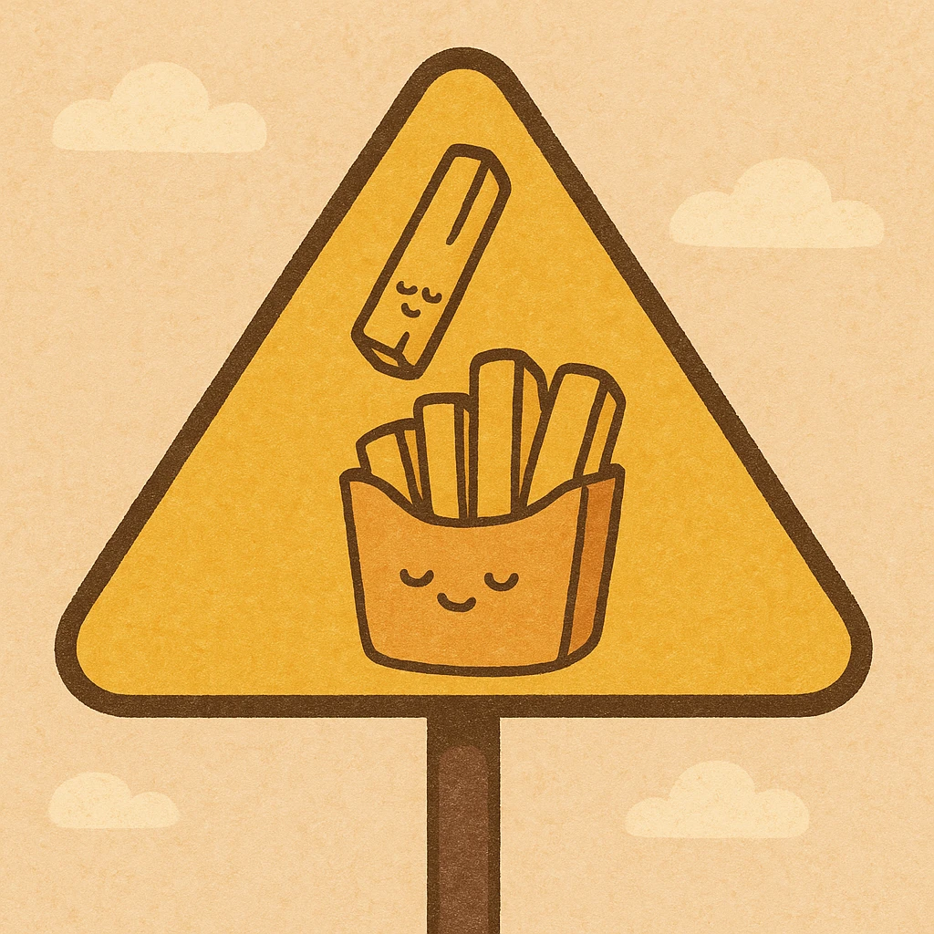 yellow warning road sign, a single french fry being dropped into a bag containing a few other fries, cartoon style emoji