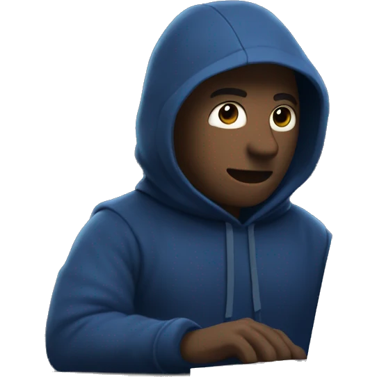 A man in a dark blue hoodie with a capelet on his head, his face not visible in the shadows, is sitting at a computer. emoji