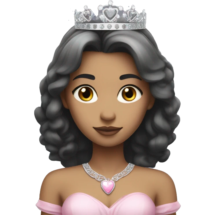 Princess with halo with light skin tone with long black hair with bang with silver pink heart tiara and pink dress emoji