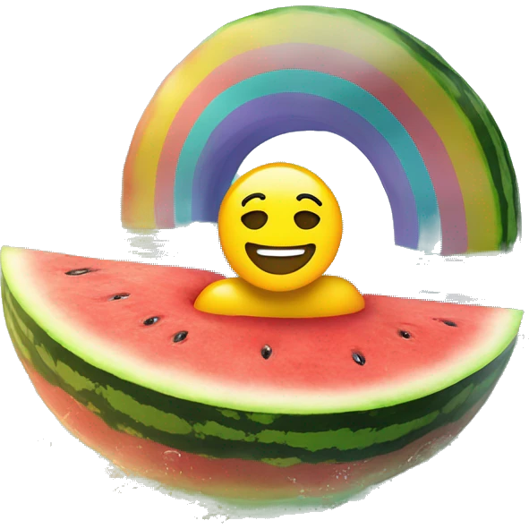 Create an emoji of a man swimming in a lake, floating on a watermelon, floaty, with a rainbow background with sunshine emoji