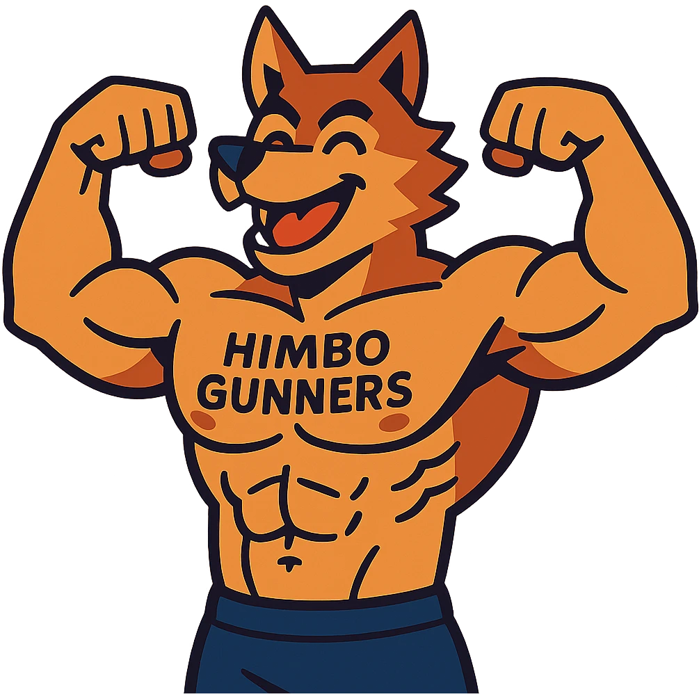 super buff wolf furry, shirtless, 'Himbo Gunners' tattoo on chest, flexing with both arms, cheerful expression emoji