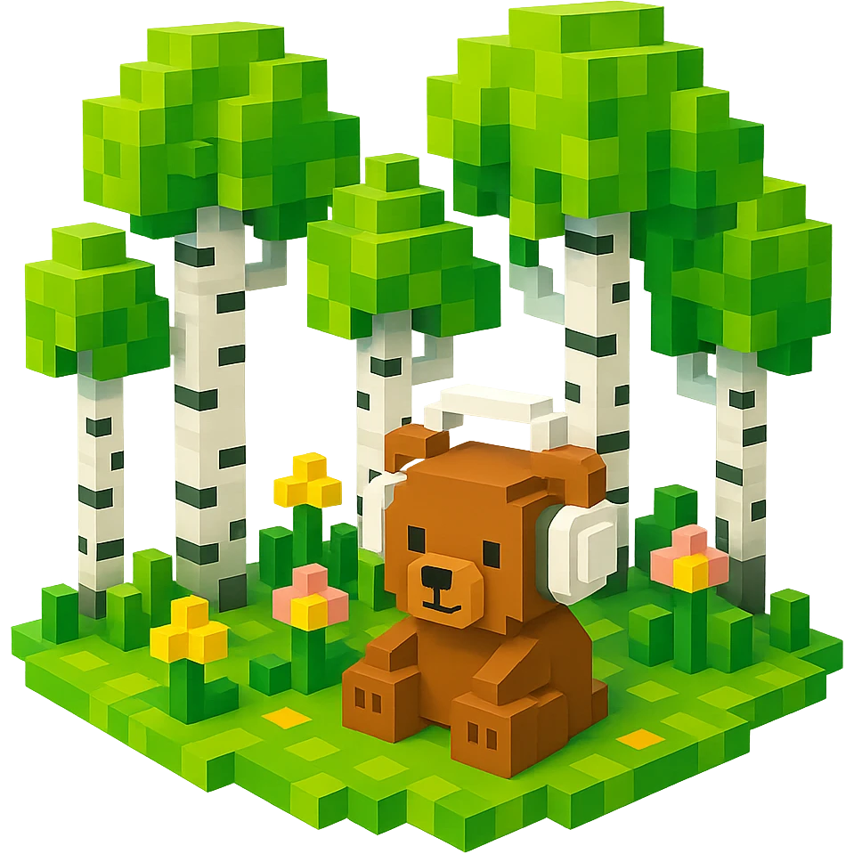 березовый лес, в котором сидит бурый медвежонок в белых наушниках, no background  emoji