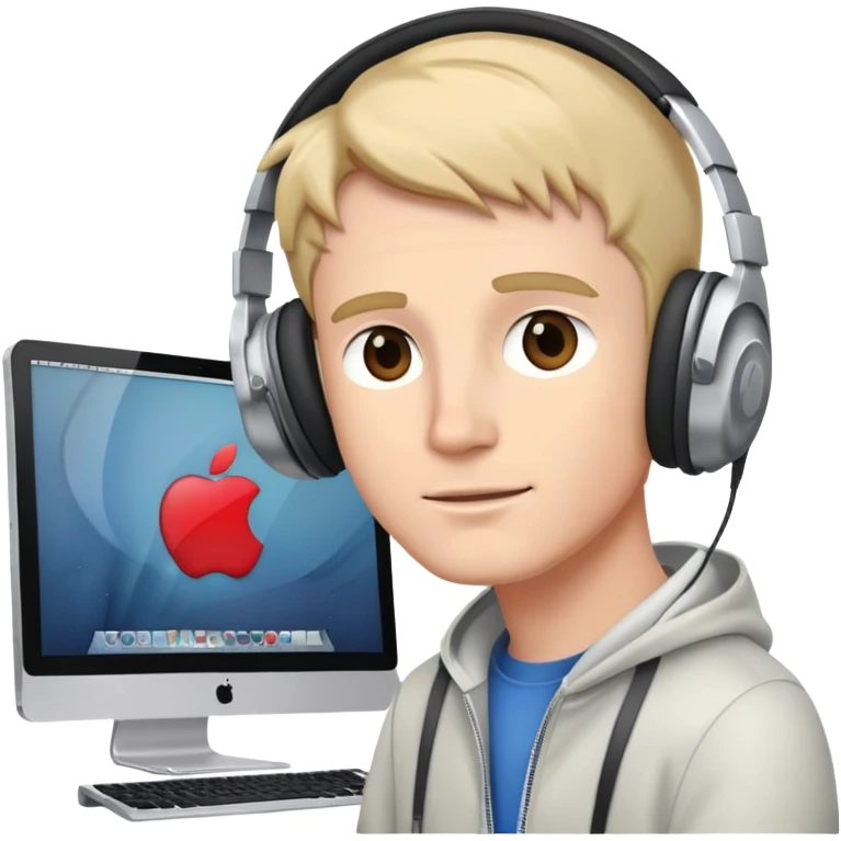 white man with headphones in front of computer mac emoji