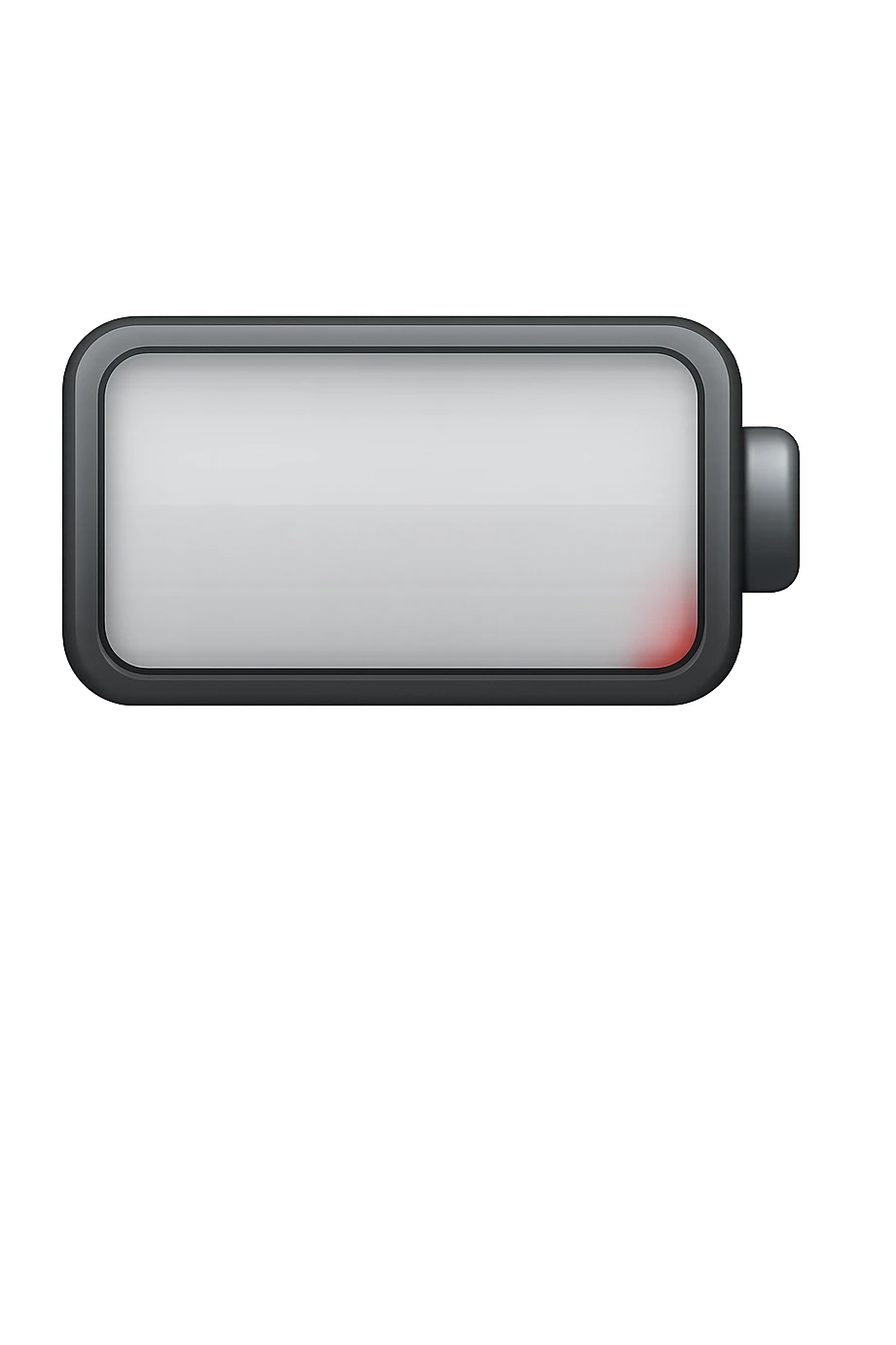 iPhone-style emoji of a battery that is almost empty, with a small red bar at the end indicating low energy. Clean, minimal, glossy look, transparent background. emoji