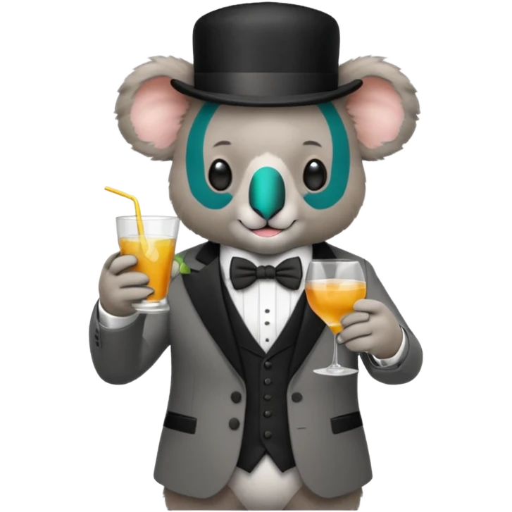 koala wearing suit, bowtie and top hat, holding a glass of drink emoji