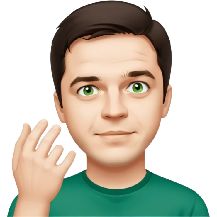 this man with light blue eyes and dark brown hair, and a dark green tshirt emoji
