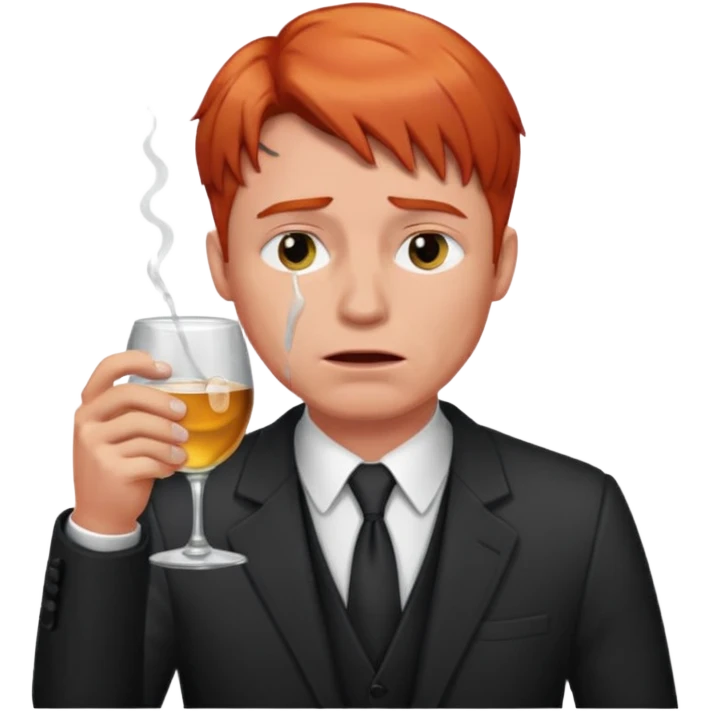 Male lawyer with light red hair that is crying and drinking alcohol  emoji