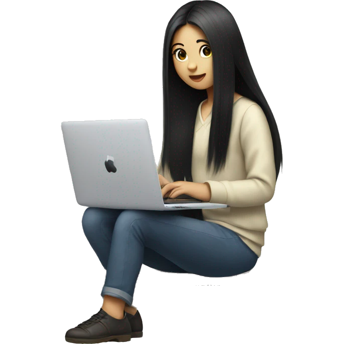 Japanese girl with long black hair sitting with a macbook emoji