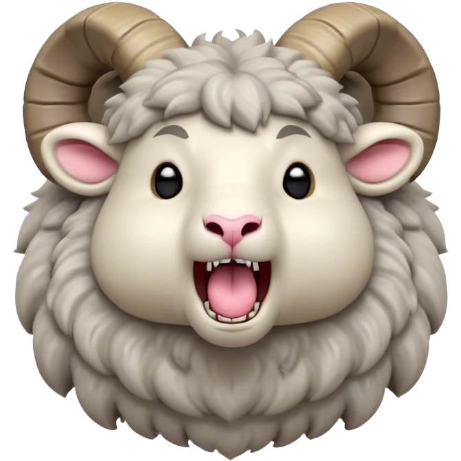 Cinematic Cute Yawning Ram Portrait Emoji, Head tilted slightly with a dramatic, wide-open yawn, showcasing a soft, woolly grey fur with gently drooping horns and ears, round dark eyes barely open in drowsy contentment, Simplified yet irresistibly adorable features, highly detailed, glowing with a soft, cozy glow, high shine, relaxed yet expressive, stylized with a touch of rugged whimsy, bright and endearing, soft glowing outline, capturing the essence of a sleepy yet affectionate ram, so drowsy it feels like it could stretch out of the screen and curl up for a nap! emoji