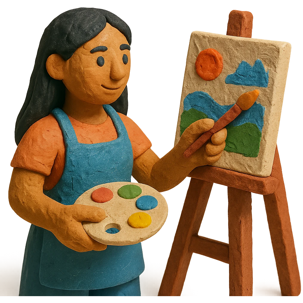 tanned woman artist with long black hair, wearing an apron, painting at an easel, holding a palette and brush, claymation style emoji