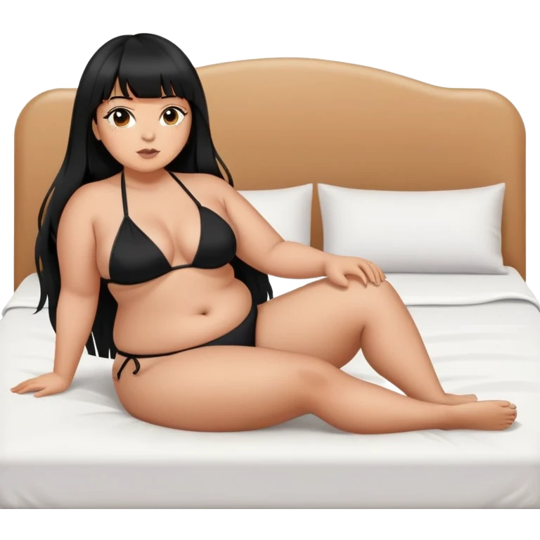 Plus size Latina female with bangs black long hair with black bikini sitting on a bed emoji