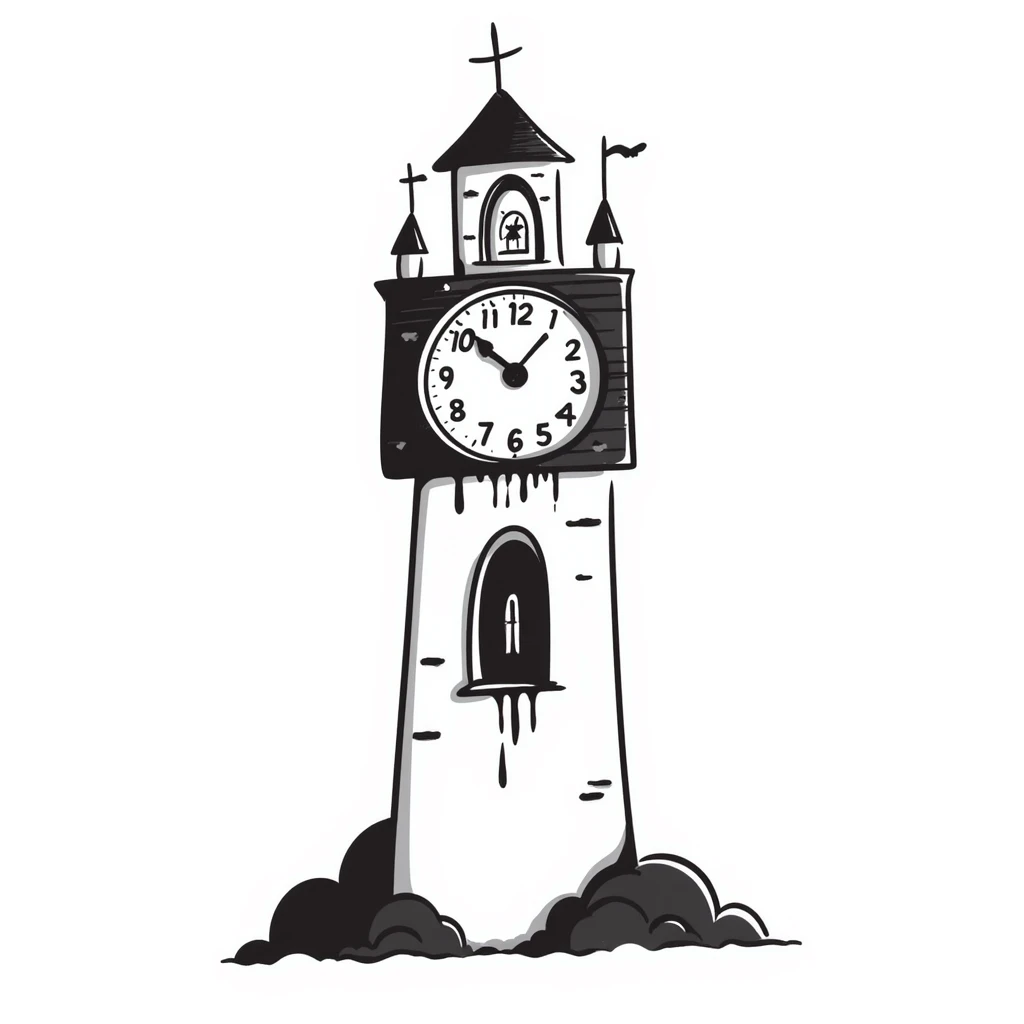 Hand-drawn scary clocktower with blood stains dripping from the numbers, halloween theme emoji