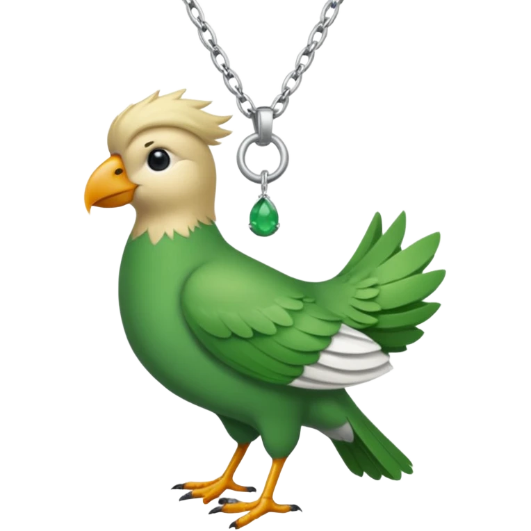un oiseau classique tout vert avec un collier autour de son cou avec des breloque argentées et un seul poil blond qui fait une petite bouclette sur le front le collier est autour de son cou emoji