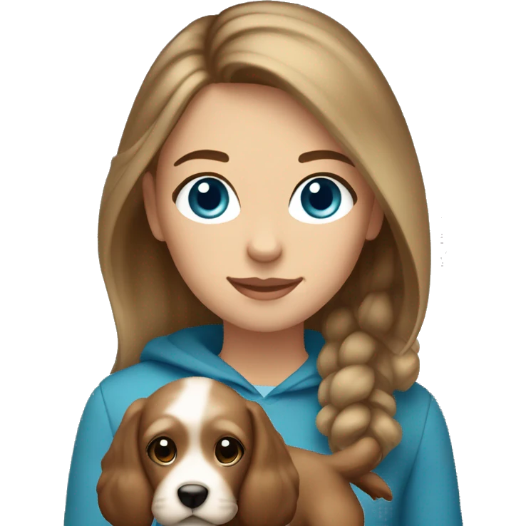 girl with brown hair and blond highlights, straight hair,  blue eyes and holding a light brown cockapoo emoji