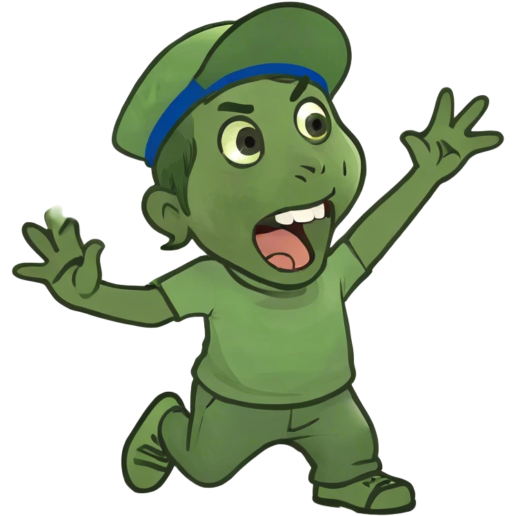 boy screaming with mouth wide open while waving his right hand to the audience and in a lunge position with his legs emoji