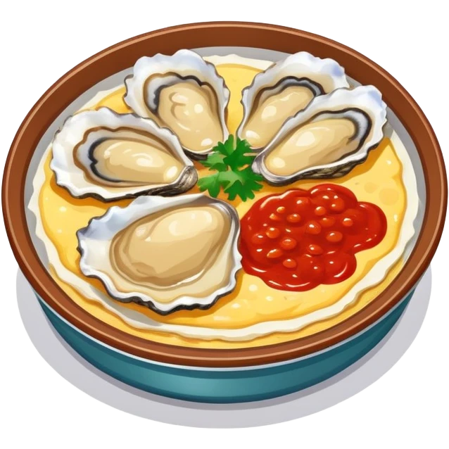 Fujian oyster omelette with red sauce, simplified emoji style with bold outlines and bright colors, cartoon style Xiamen street food emoji