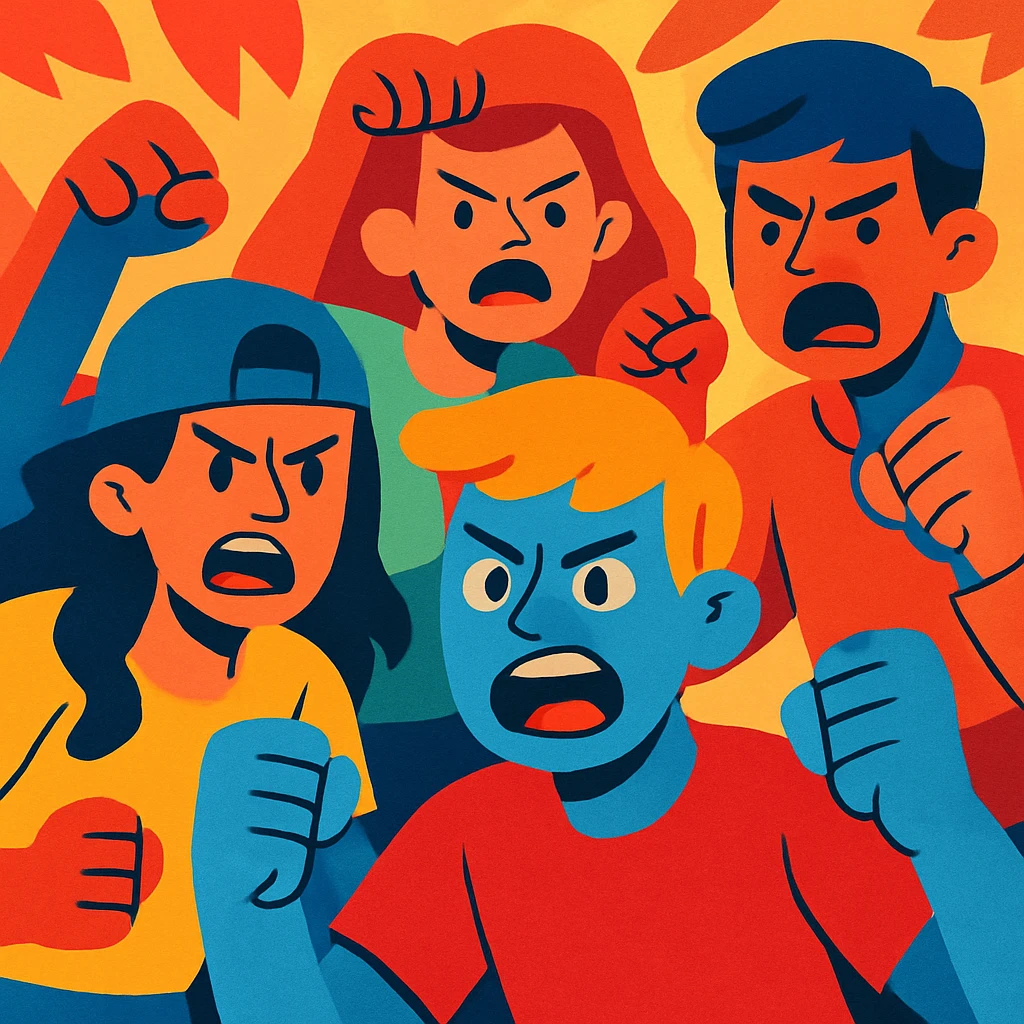 a group of young people showing anger, colorful illustration style emoji