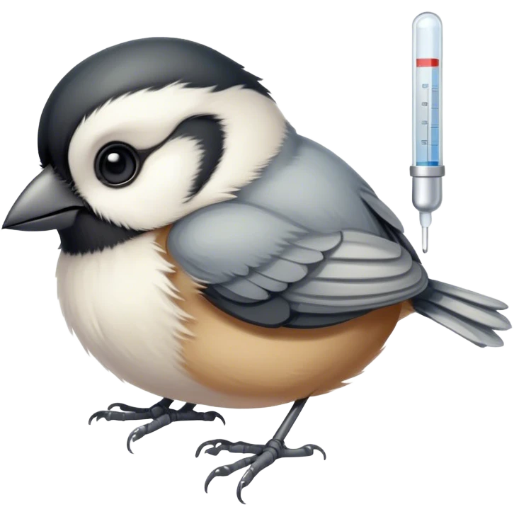 Sick Chickadee with thermometer in beak lying in bed emoji