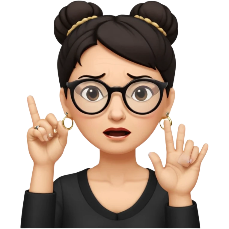 middle aged woman with dark hair pulled up in a high bun, wearing round ring earrings and glasses blocking her ears with her index finger, with a very painful expression on her face  because she cannot stand hearing a terrible singer who is too loud and out of tune.   emoji