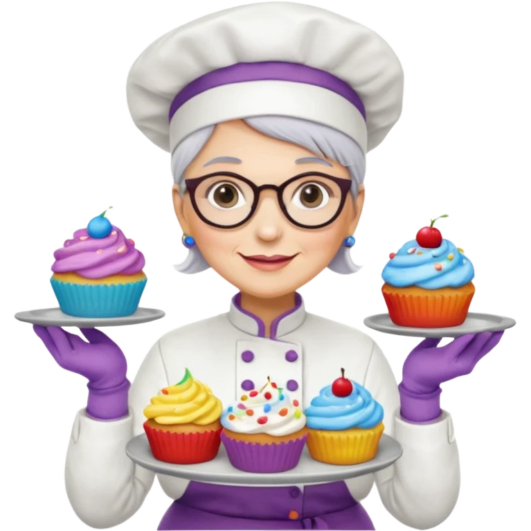Older female pastry chef – round glasses, oven mitts on, holding a tray of cupcakes

 emoji