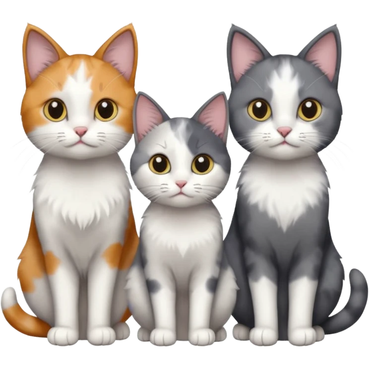 3 different coloured small cats including a dark grey and white, and a patchy calico and a solid grey with only white paws emoji