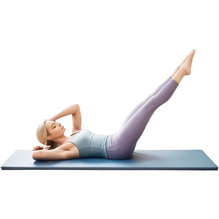 A person performing a Pilates exercise on a mat in a clean, modern studio. The focus is on core strength and flexibility, with a neutral, calming color palette. Simple equipment like a reformer machine and a soft, tranquil background enhance the feeling of controlled movement and focus. emoji