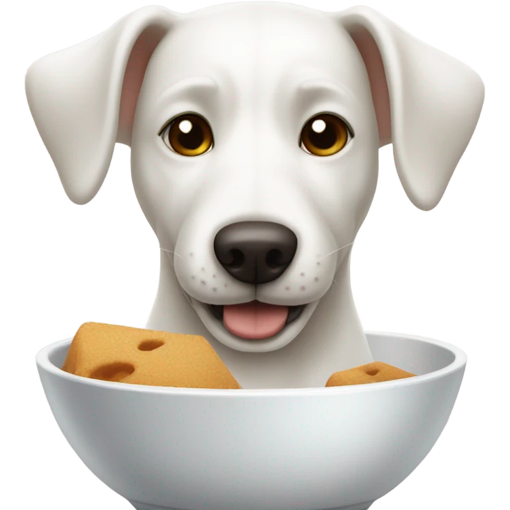 White dog with one brown ear eating food in dog bowl  emoji