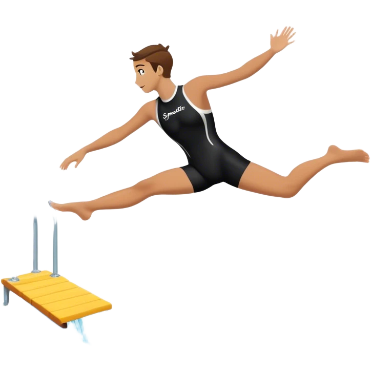 A diver mid-air after jumping off a diving pool, body slightly tense but moving forward. Below them, a pool labeled "Confidence", with ripples forming. A subtle 5-4-3-2-1 on the diving board shows they took the leap despite fear. emoji