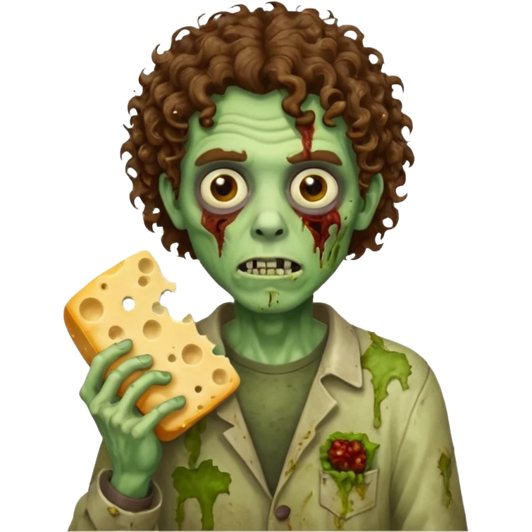 curly hair man zombie holding moldy cheese piece emoji