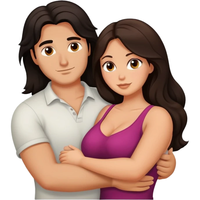 Man with dark long hair hugging a brunette, curvy woman emoji
