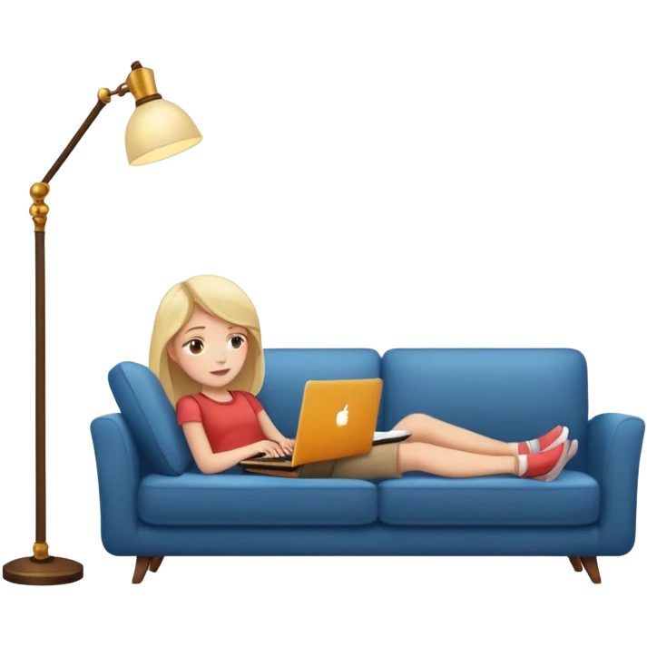 A girl is working with a laptop while lying on a sofa, with a floor lamp to the right. emoji