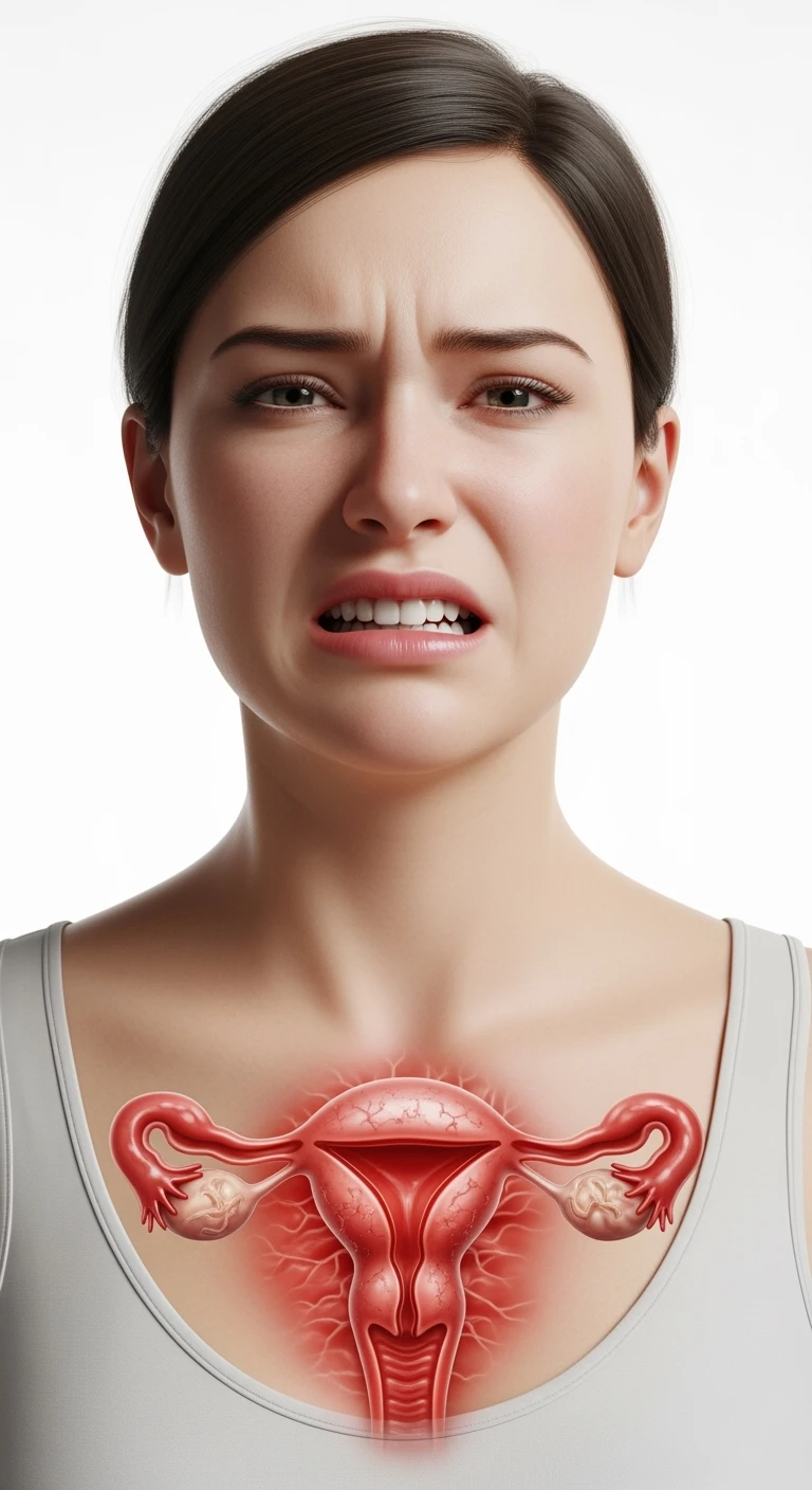 donna con utero umano realistico in evidenza dolorante, espressione di dolore in volto, sfondo bianco, non farla computerizzata, ma iperrealistica 4k emoji