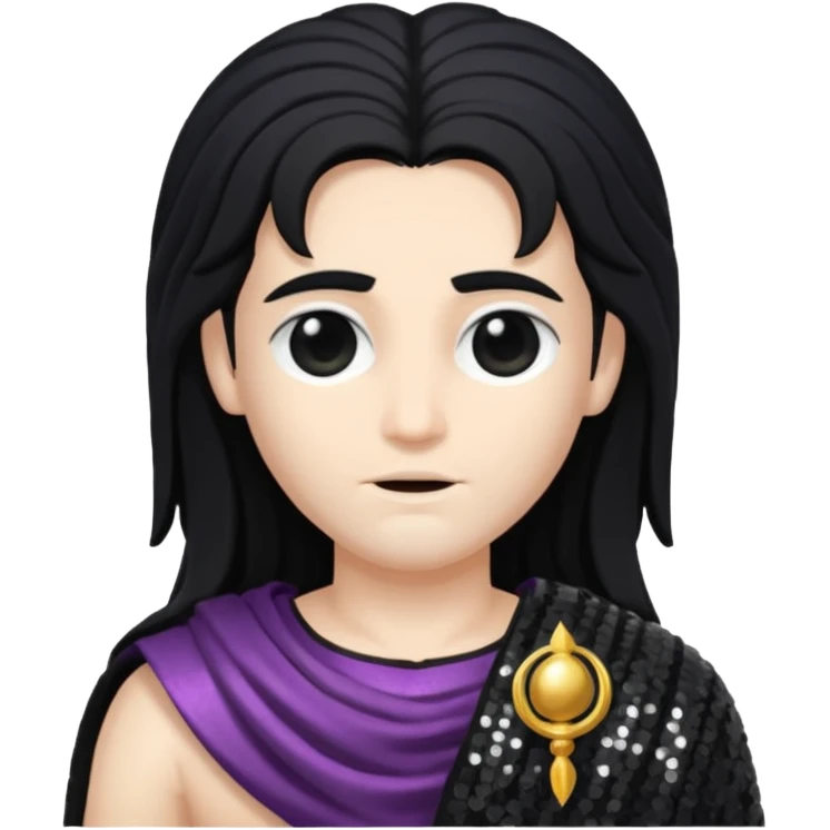 Saturn Time God with long black hair, dark grey sequin toga emoji