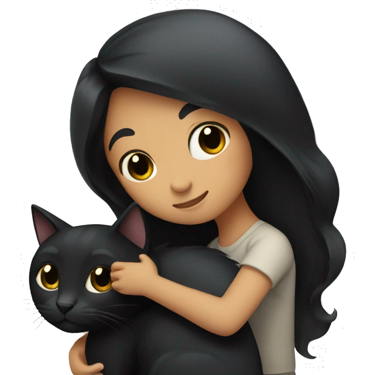 Girl with long black hair hugging a black cat  emoji