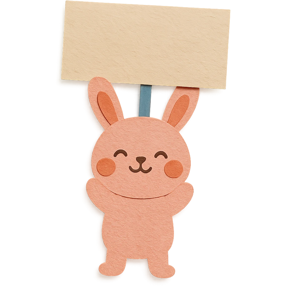 rosy bunny holding signboard high, paper-craft style emoji