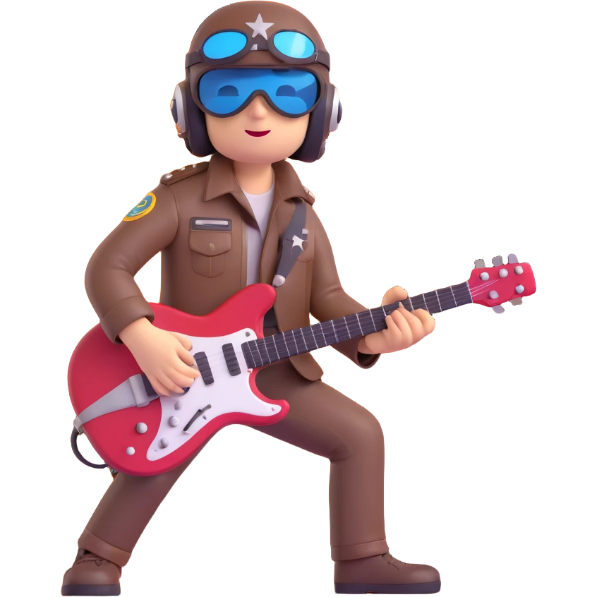 a rockstar pilot, playing an electric guitar, aviator helmet, stage lights emoji