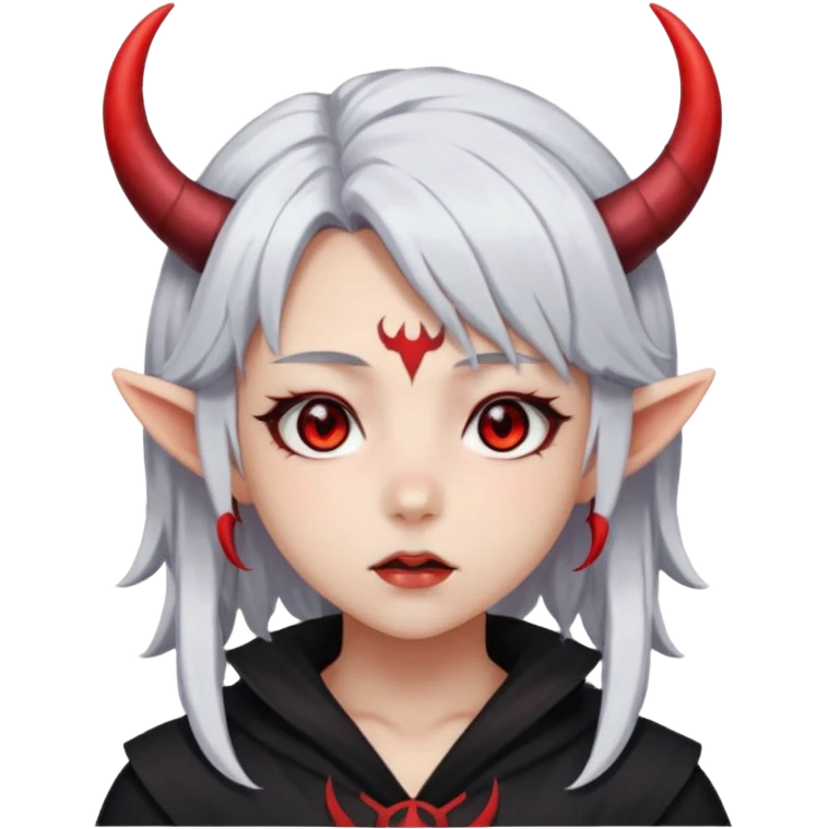 Dark style anime girl with white hair and red eyes, with horns on her head . There is an emotion of inhalation on the face emoji