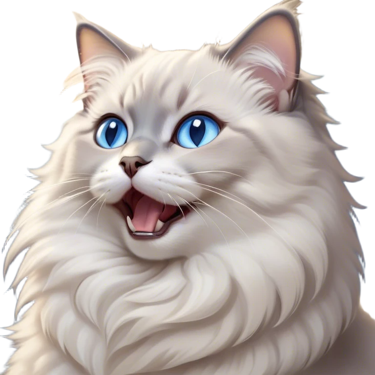 Cinematic Adorable Fluffy Light Grey Mantle Ragdoll Cat Portrait Emoji, Head tilted cutely with big, sparkling blue eyes, soft light grey fur with darker points on the ears, face, and paws, Simplified yet irresistibly adorable features, highly detailed, glowing with a soft, warm glow, high shine, yawning in a peaceful and playful manner, stylized with a touch of whimsy, bright and endearing, soft glowing outline, capturing the essence of a relaxed and loving kitten, so cute it feels like it could leap out of the screen and stretch into a cozy nap! emoji