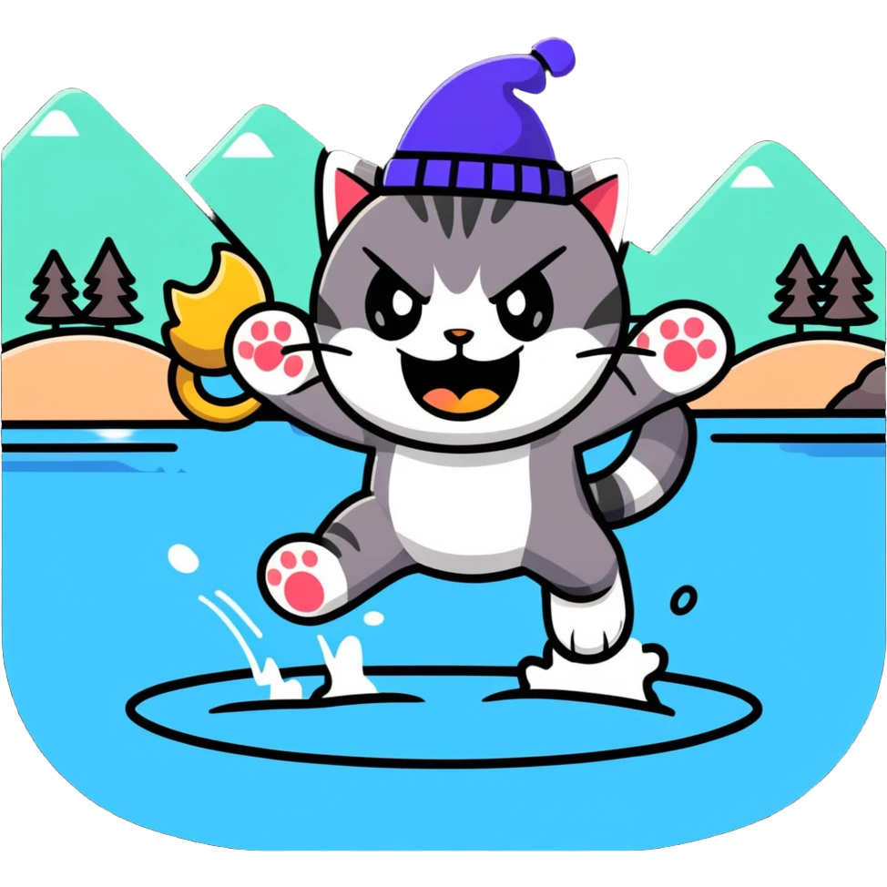 angry cat with a hat jumping into a lake emoji
