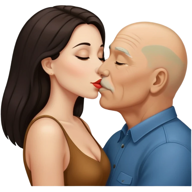 Beautiful woman with long dark hair, kissing a older Hispanic  bald man emoji