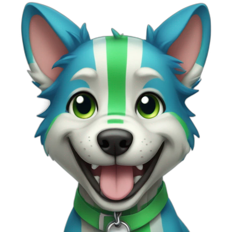 an anthropomorphic blue and green striped dog fursona smiling emoji