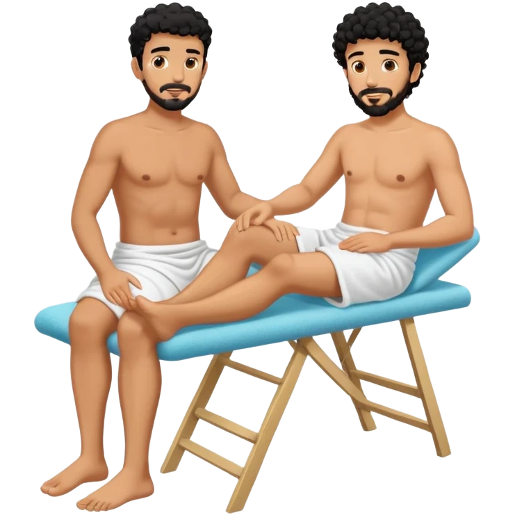 Gebräunter Manm nur mit handtuch um den unterkörper (araber mit schwarzen locken und ziegenbart) bekommt fußmassage von einem anderen mann emoji