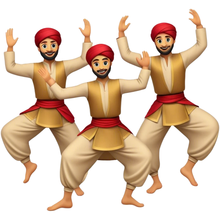 Cinematic Realistic Dabke Dance Emoji, depicted as an energetic traditional Lebanese folk dance with vibrant costumes and rhythmic movements, rendered with dynamic textures and festive natural lighting that captures its communal joy. emoji